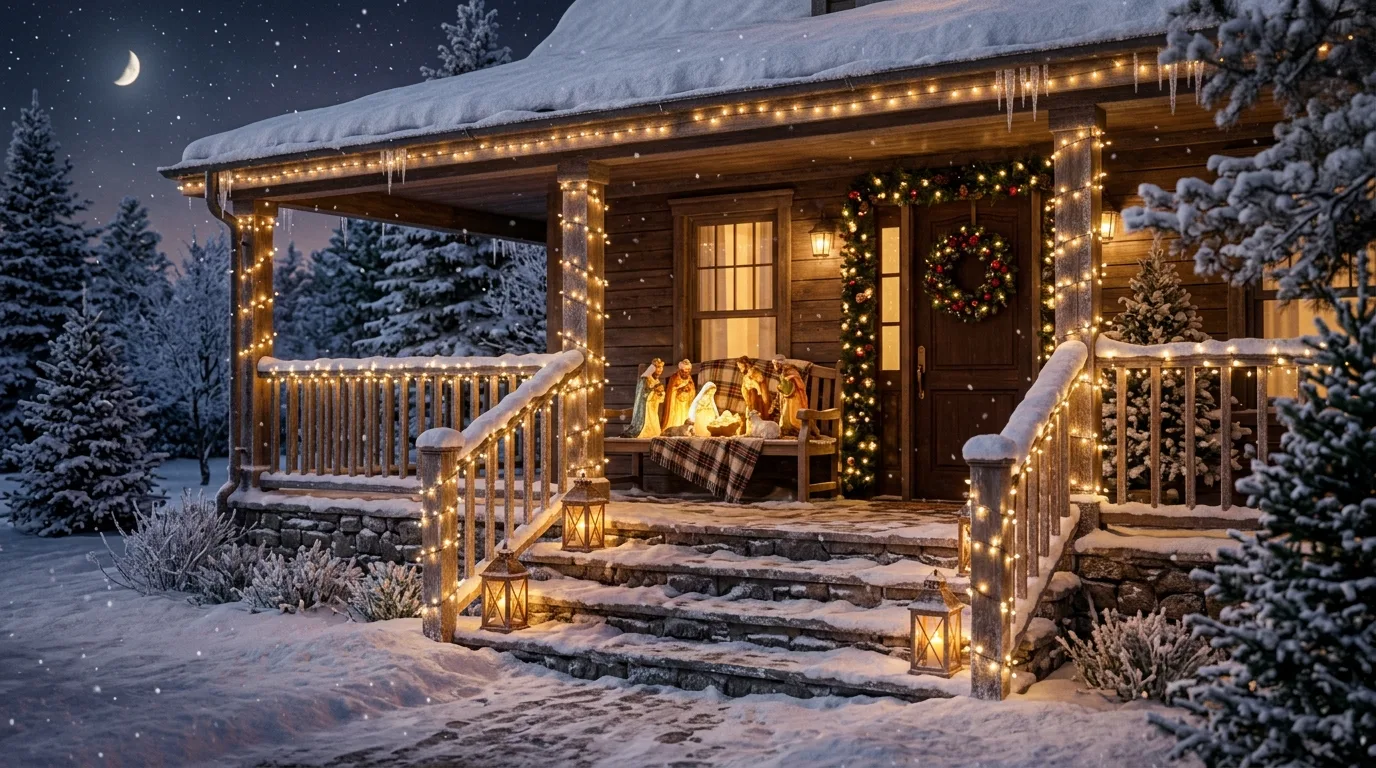 Porch With Nativity Decor and String Lights